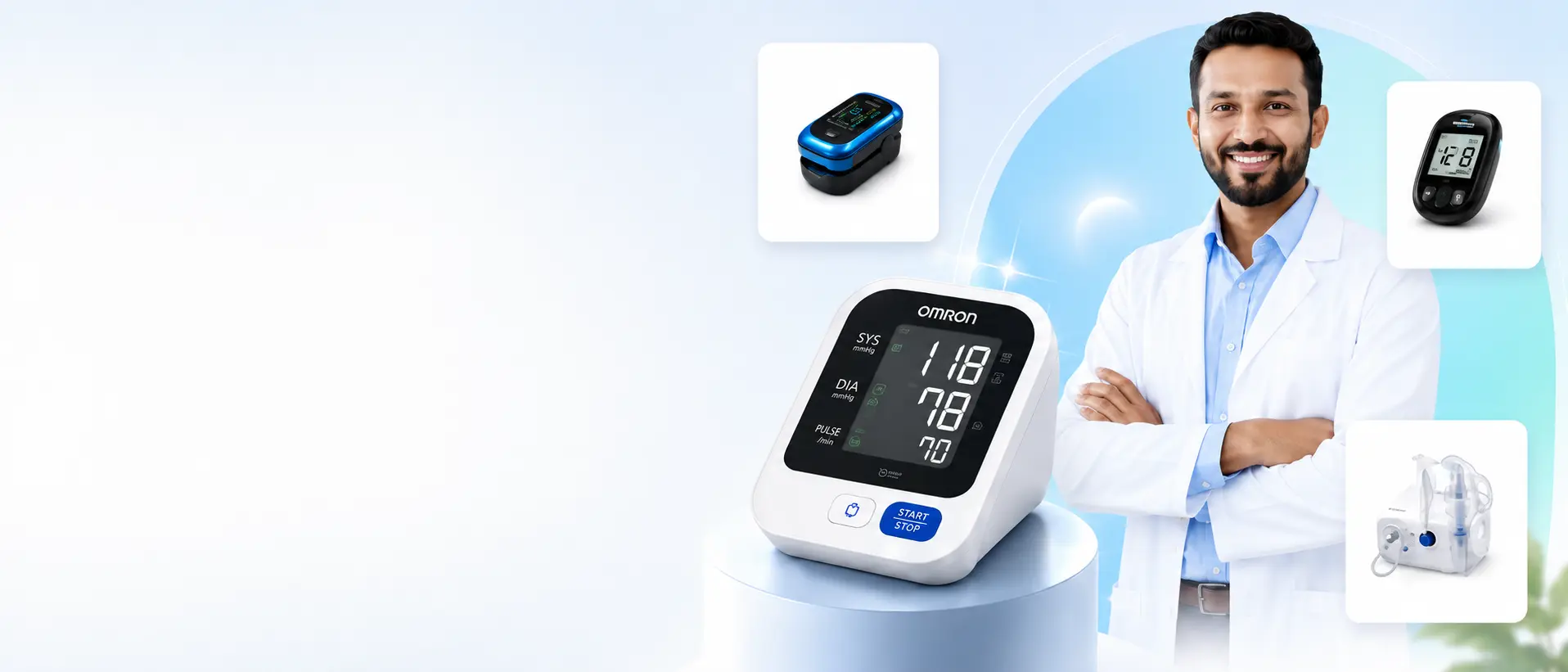 Doctor with a trusted blood pressure monitor and other medical devices