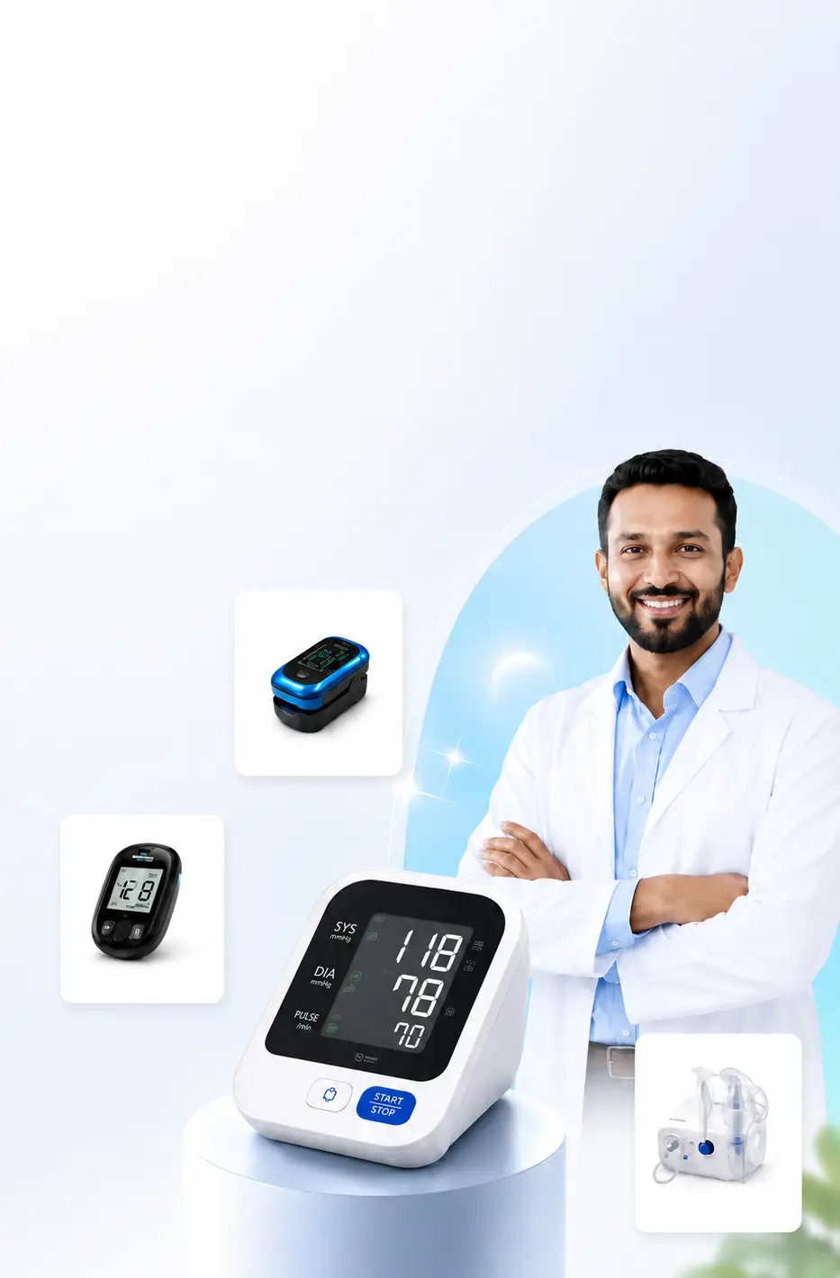 Doctor with a trusted blood pressure monitor and other medical devices